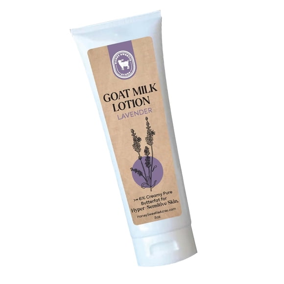 La loción corporal de leche de cabra natural Honey Sweetie Acres Fresh Off The Goat es una loción hecha a mano sin crueldad animal que hidrata e hidrata, fabricada en los EE. UU. (8 oz de lavanda)