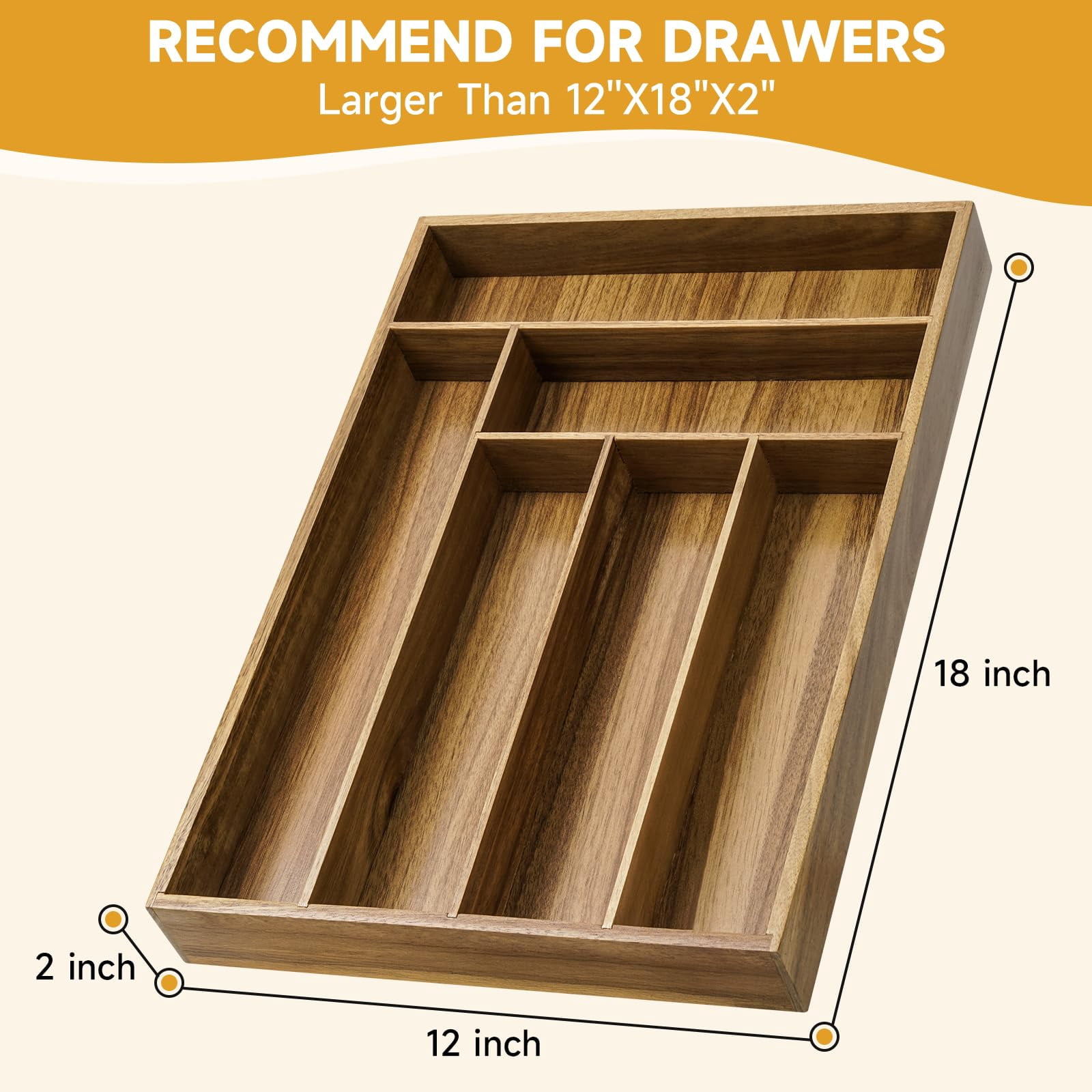 Acacia Wood Silverware Organizer, Kitchen Drawer Organizer for Flatware, Wooden Utensil Holder and Cutlery Tray with Grooved Drawer Dividers, 6 Compartment Utensil Tray for Forks, Spoon, Knives