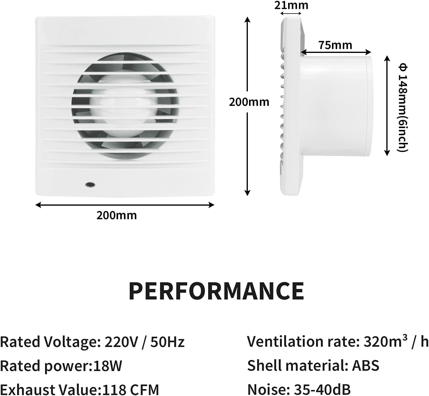 150Mm 18W 320M³/H Exhaust Fan With Check Valve And Chain Switch, Window And Wall Fan For Kitchen Bathroom Greenhouse Garage -6 Inch