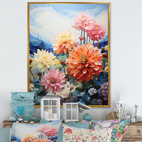 Designart "Dahlia landscape Pointillism Dot" Floral Floater Framed Wall Art Living Room