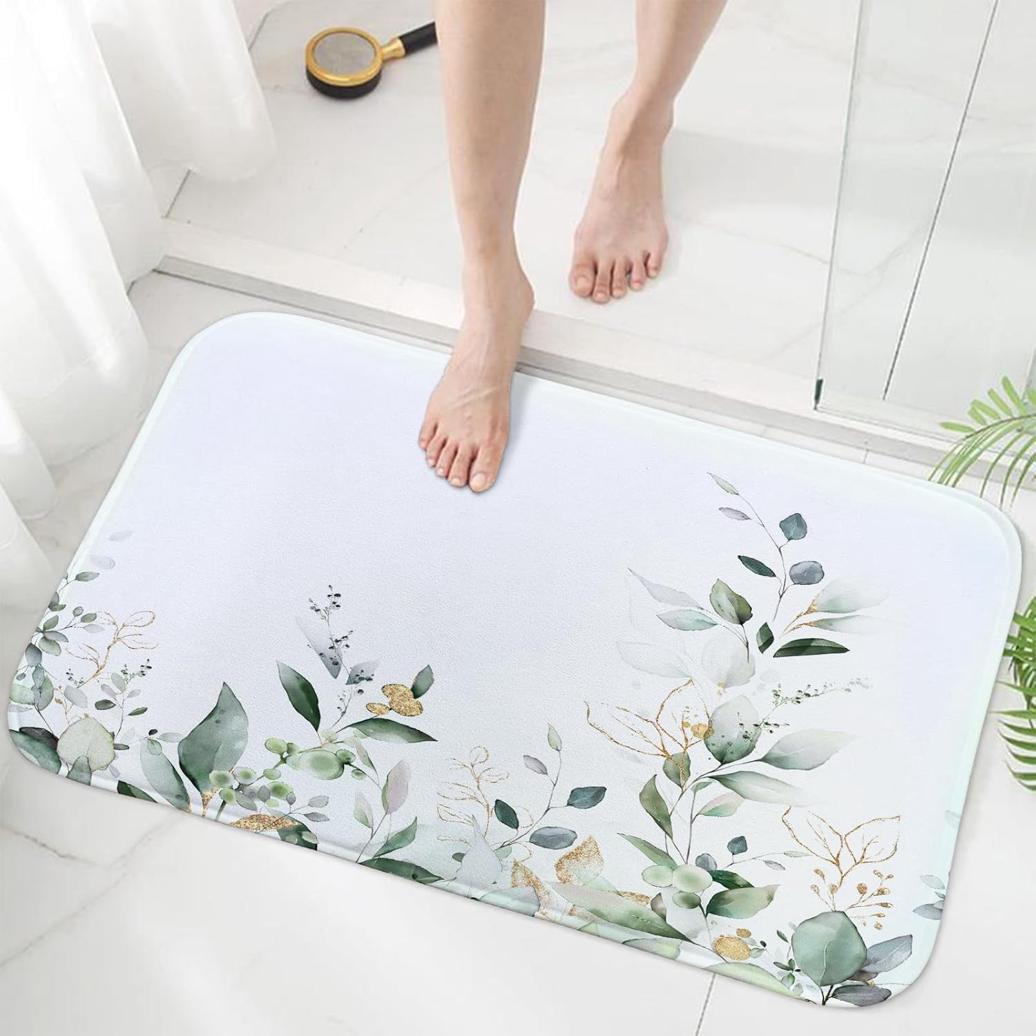 Sage Green Eucalyptus Leaves Bath Mat Rug for Bathroom, Cute Botanical Watercolor Plants Leaf Floral Bathroom Floor Rugs Mats Non Slip Kitchen Indoor Decor Decoration Accessories 17X29 Inches