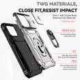 thumbnail image 2 of Heavy Duty Case for iPhone 15 Pro, Rugged PC Soft TPU Military Grade Shockproof Metal Magnetic Car Mount Cover with Camera Lens Sliding Ring Holder Bracket Hinge Protection Case, Silver, 2 of 8
