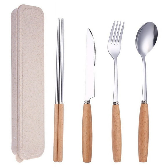 Portable Utensils Set with Case-4 Pieces Wood Handle Reusable Flatware Set Fork Spoon Stainless Steel Portable Travel Utensil Set for Travel/Camping Office Lunch with Carry