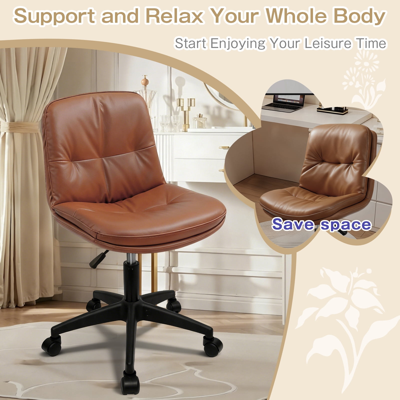 Small Office Desk Chair, PU Leather Armless Swivel Chair with Lumbar Pillow, Height Adjustable Task Chair for Small Spaces, Bedroom & Vanity Brown