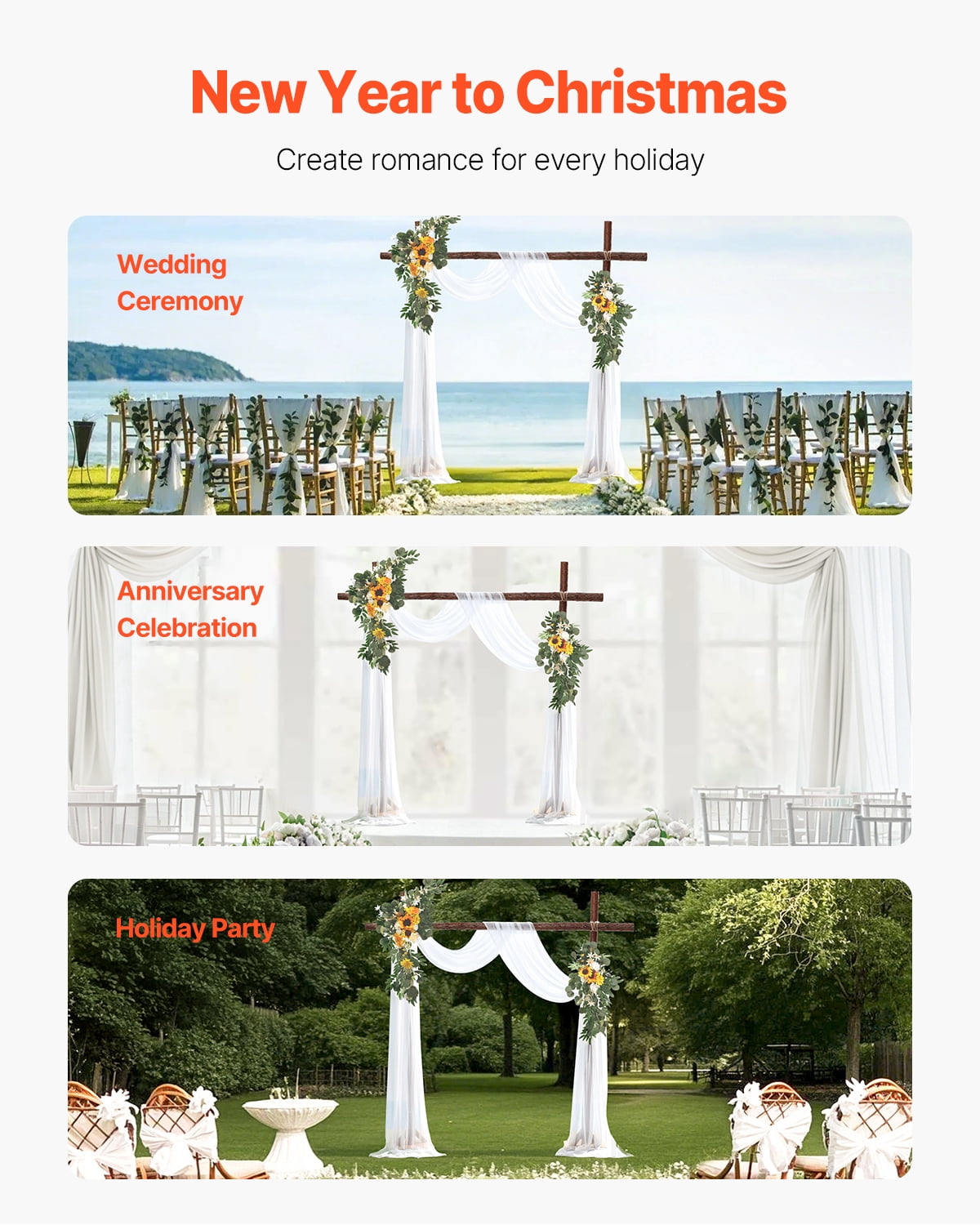 VEVOR Artificial Wedding Arch Flowers Kit, Yellow Wedding Arch Flowers with Drapes Kit (Pack of 3) - 2 Pcs Floral Arrangement, 1 Pcs Sheer Drapes, for Ceremony Bouquets Reception Backdrop Decoration