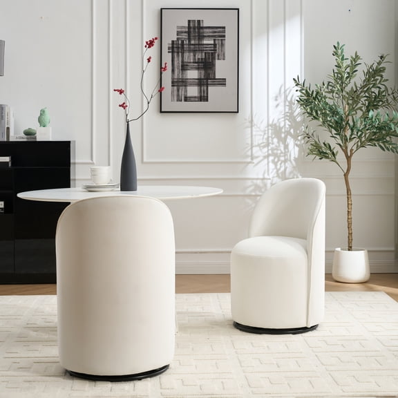 360° Swivel Velvet Upholstered Barrel Chair, Mid Century Modern Armless Accent Makeup Vanity Chair for Kitchen, Dining & Living Room,Cream