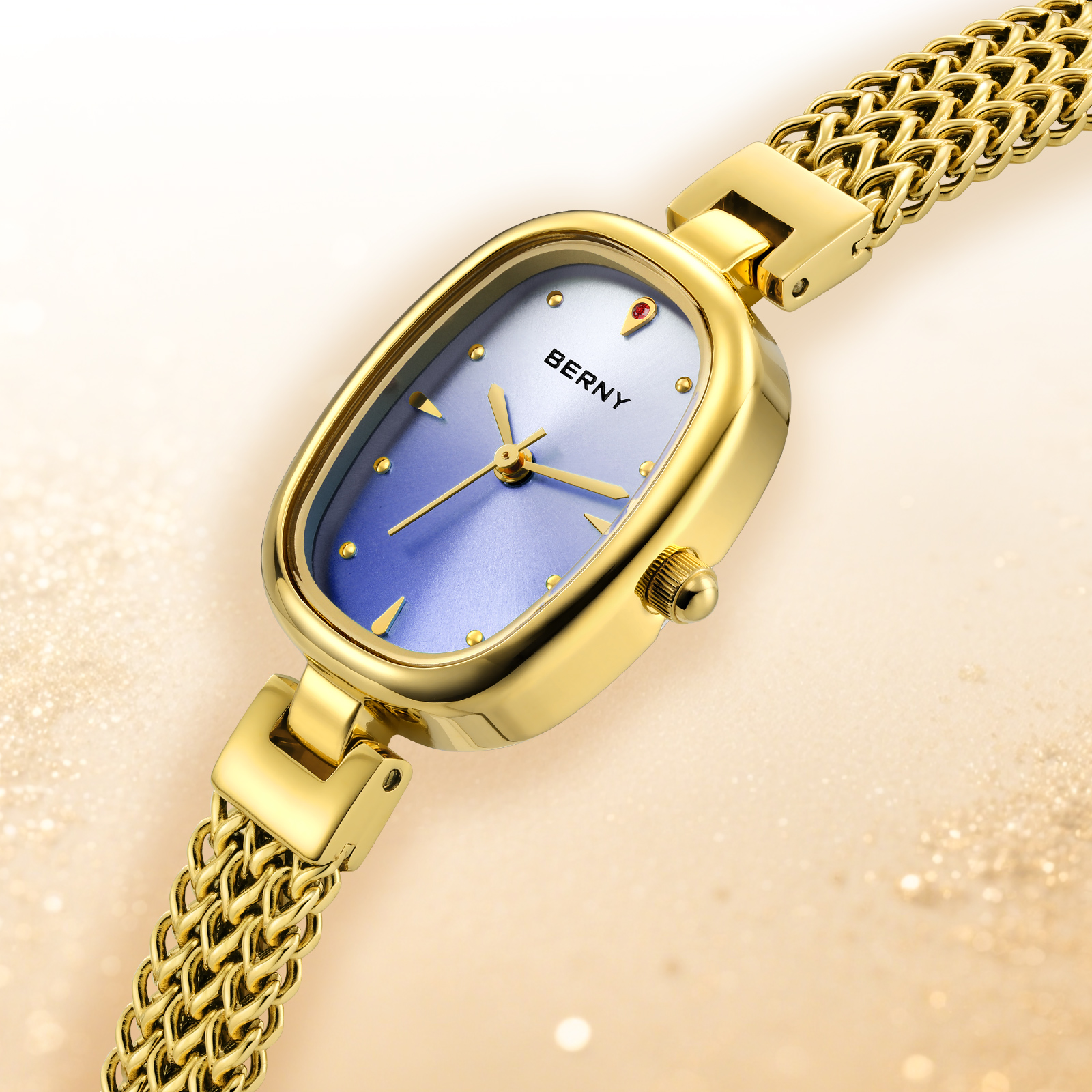 BERNY Small Gold Watches for Women, Dainty Oval Analog Quartz Bracelet Watch, Stainless Steel, Waterproof, Minimalist Luxury Ladies Watches Gifts (Blue)