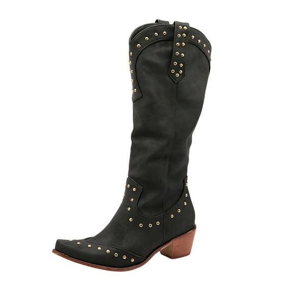 Mostsola Studded Cowboy Boots for Women Retro Slouchy Western Mid Calf Boots Suede Heel Boots