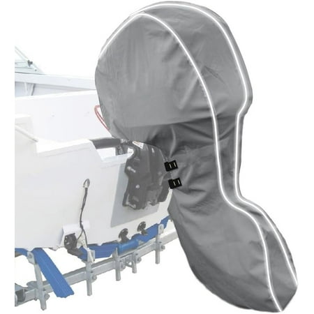 Zenicham 600D Fade and Crack Resistant Trailerable Outboard Motor Cover,Waterproof and UV-Proof Boat Motor Cover,Boat Engine Cover with Reflective Strips and Adjustable Strap Gray(Fits 100-150 HP)