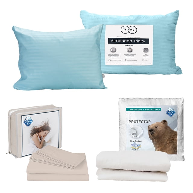 Protector de Colchón Individual + Juego de Sábanas Crema + Almohada Trinity