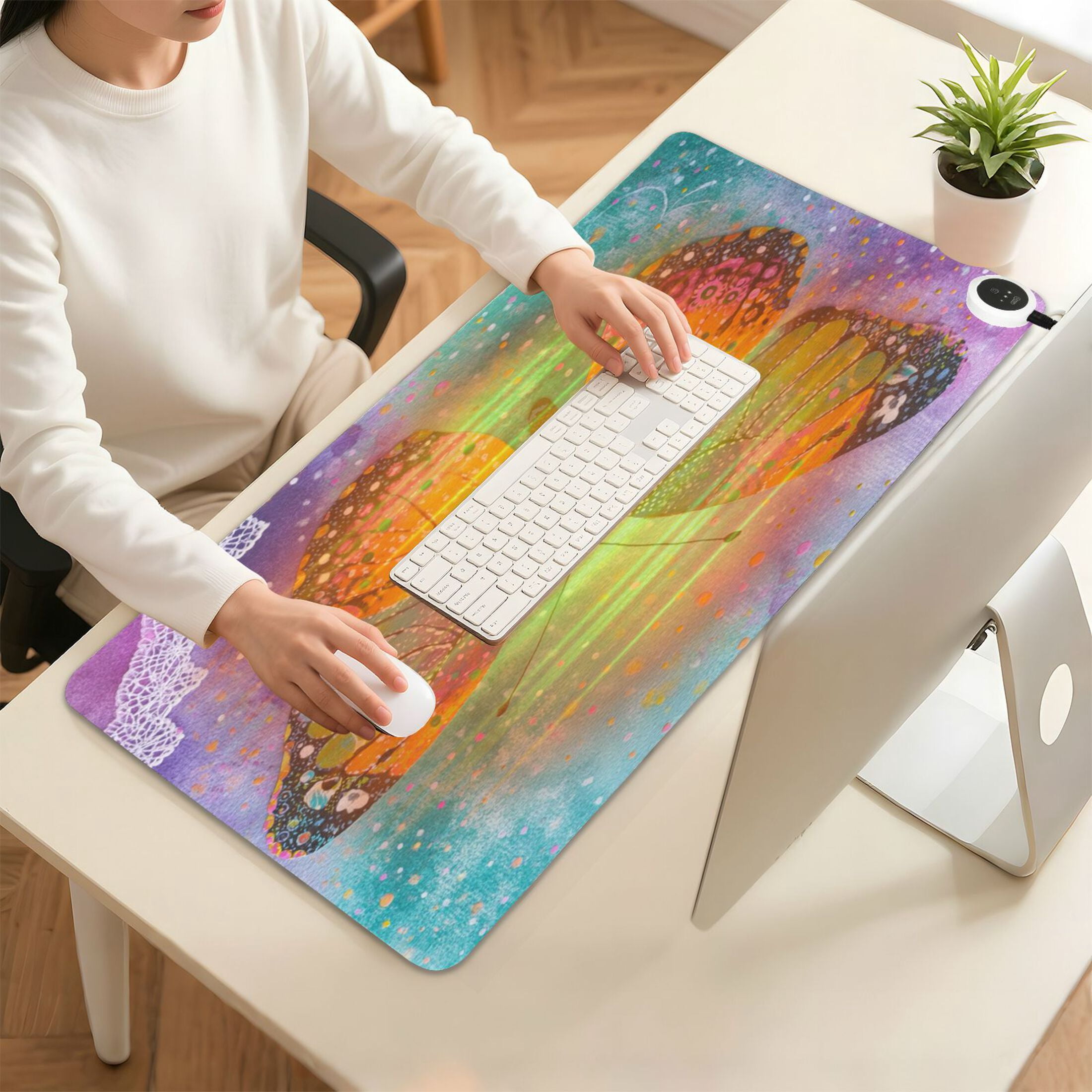 Wobogo Monarch Butterfly Heated Mouse Pad Extra-Large Desk Mat With 3 Heating Levels and 3-hour Auto Shut-Off Protection Ideal for Computer Keyboards Home Office Hand-warming Essential 31.5in × 13in