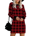 thumbnail image 3 of DYMADE Women Long Sleeve Crew Neck Plaid Elegant Short Dress, 3 of 5