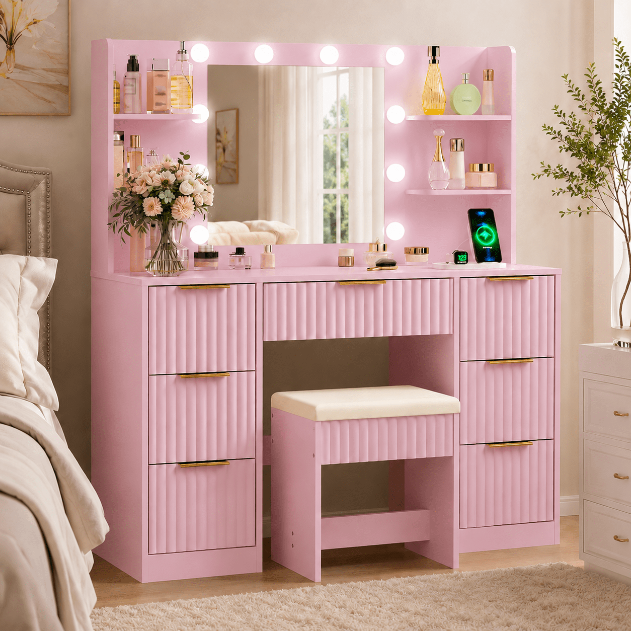 Ktaxon Makeup Vanity Set with 3 Color Lighted Mirror & Charging Station, Dressing Table w/ 7 Drawers for Femal Gift, Pink