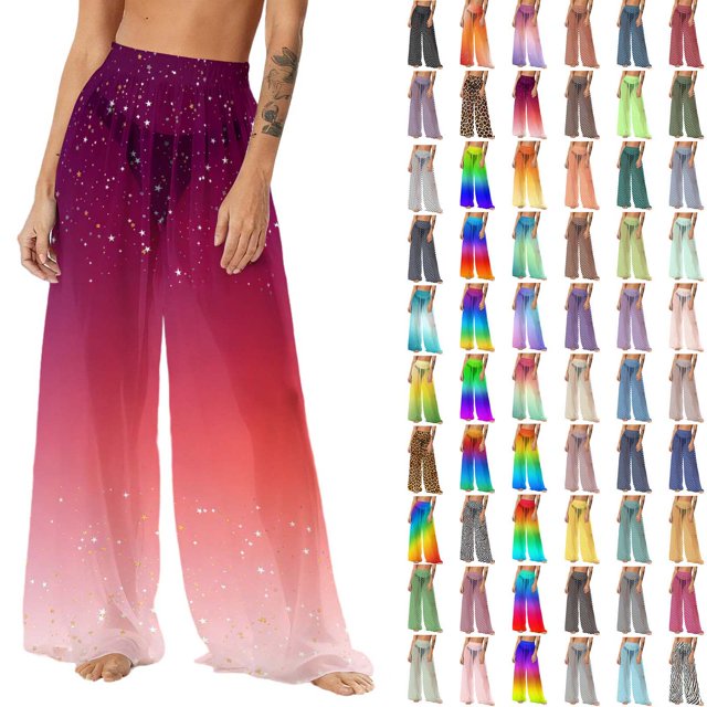 Pincandy Women's Cover Up Pants Sheer Sarong Coverups Summer Boho Beach Pant Elastic Waist Palazzo Cover Up Pants