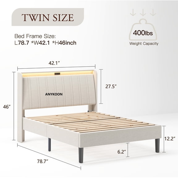ANYKOON Twin Size Bed Frame with Upholstered Headboard, Wood Slat Support, and Sturdy Platform Design - No Box Spring Needed