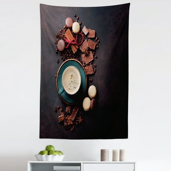 Food Tapestry, Coffee Time Top View Creamy Cappuccino Macaroons and Chocolate Photo, Fabric Wall Hanging Decor for Bedroom Living Room Dorm, 5 Sizes, Dark Mauve Brown and Grey, by Ambesonne