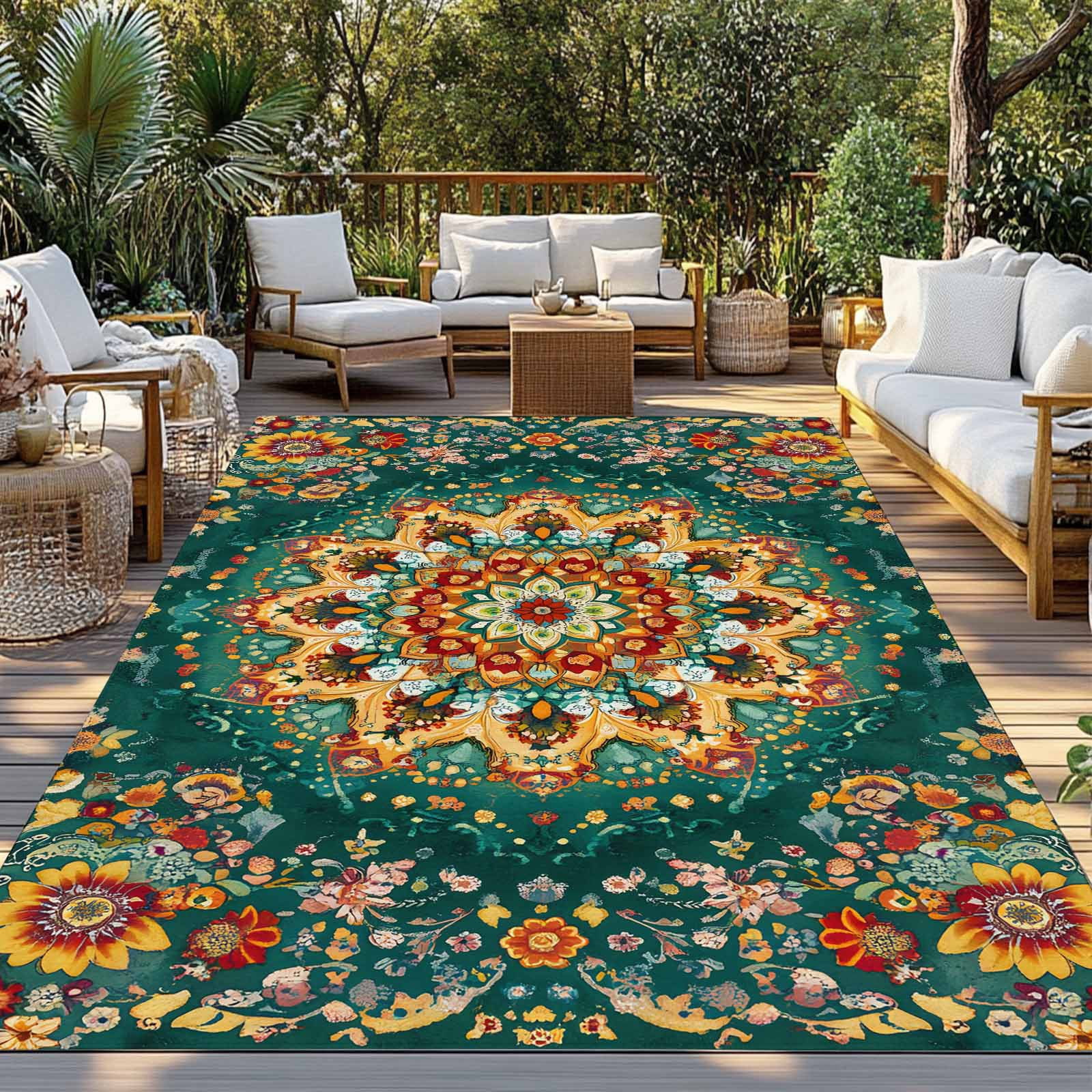 Fsddascl Boho Flower Outdoor Rug for Patio/Deck/Porch, Non-Slip Large Area Rug 4 x 6 Ft, Yellow Green Bohemian Colorful Medallion Indoor Outdoor Rugs Washable Area Rugs, Camping Rug Carpet
