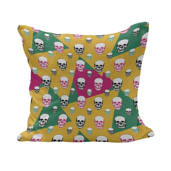 Skull Fluffy Throw Pillow Cushion Cover, Head Bones Print on Colorful Geometric Triangle Background, Decorative Square Accent Pillow Case, 18" x 18", Earth Yellow Jade Green, by Ambesonne
