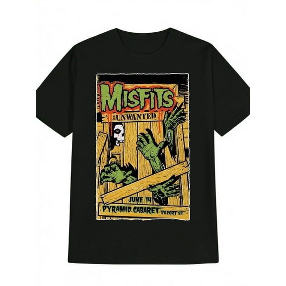 Men's Vintage Punk Rock Graphic T-Shirt - Black Crew Neck Short Sleeve Tee with Skull Hands & MISFITS UNWANTED Print, 1981 June 10th Pyramid Cabaret Concert Design, Regular Fit Summer Streetwear