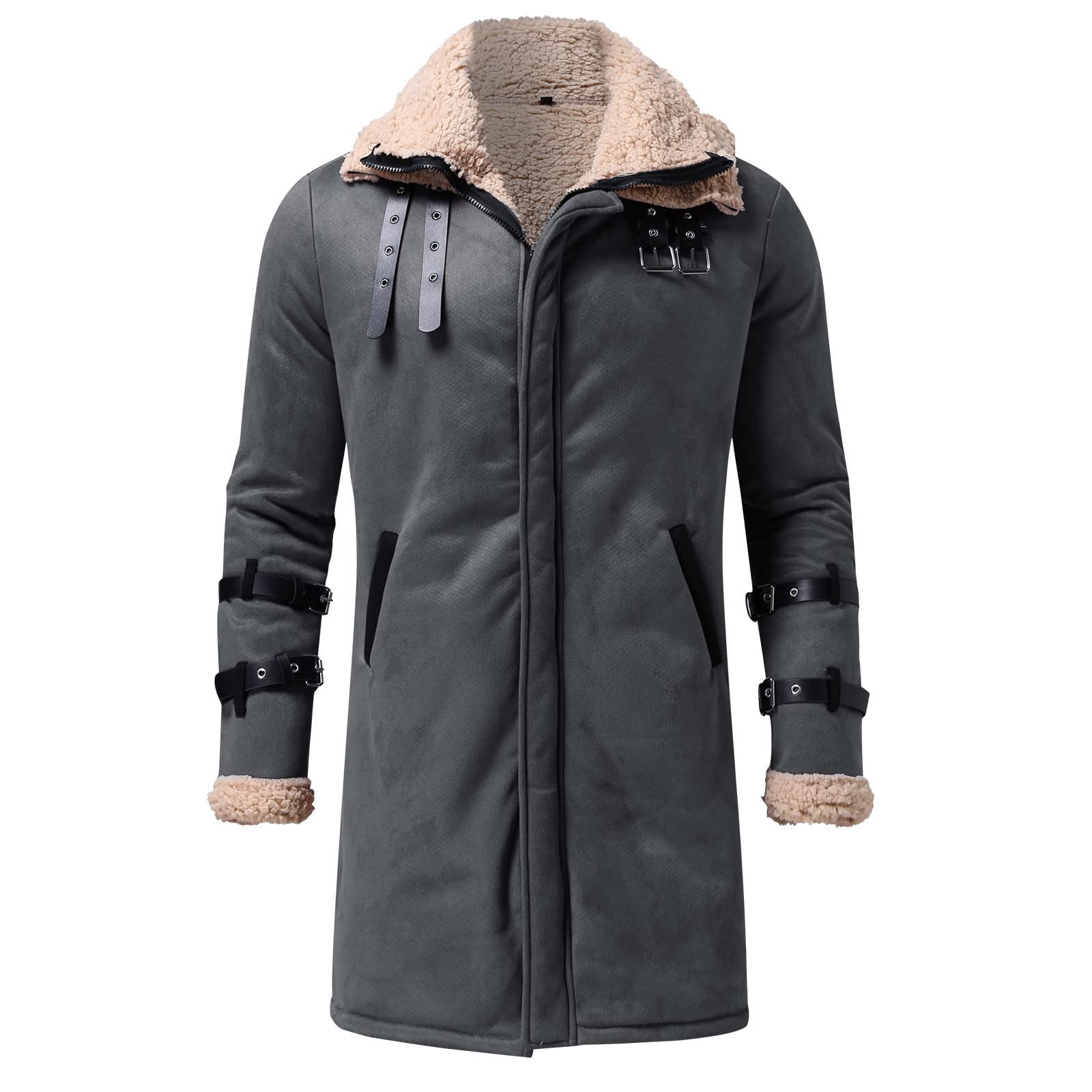 RongHuan Men's Big and Tall Faux Leather Coat Fleece Sherpa Lined Warm Trench Coats Winter Faux Fur Collar Jacket Thickened Long Sleeve Outwear