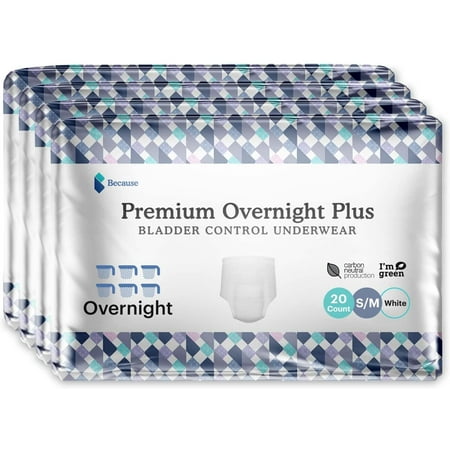 Because Premium Overnight Plus Incontinence Underwear - White- S/M 80 Ct