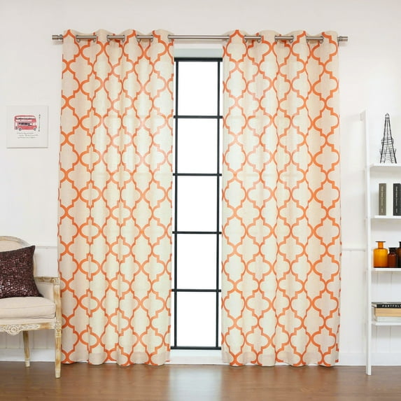 Quality Home Flax Linen Blend Textured Reverse Moroccan Print Curtains – Stainless Steel Nickel Grommet Top – Orange – 52"W x 84"L - (Set of 2 Panels)