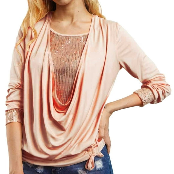 Women T Shirt Ladies Solid Sequined Long Sleeve Loose Smocked Two Piece Top Womens Tshirts Pink XXXXXL