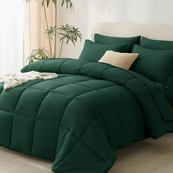 Emerald Green Comforter King Size, 7 Pieces Bed in a Bag King Dark Green Bedding Sets Bed Set for All Season with Comforter, Flat Sheets, Fitted Sheet, Pillowcases & Shams