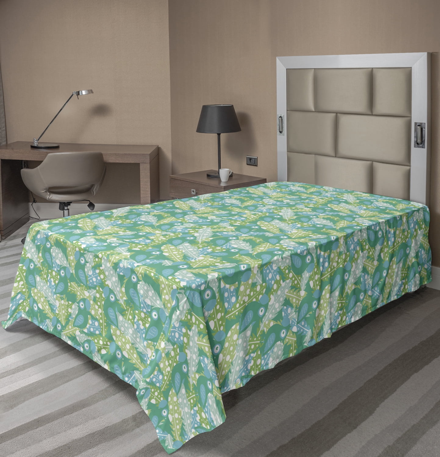 Tropical Flat Sheet, Green Tones Cartoonish Pattern of Exotic Parrots