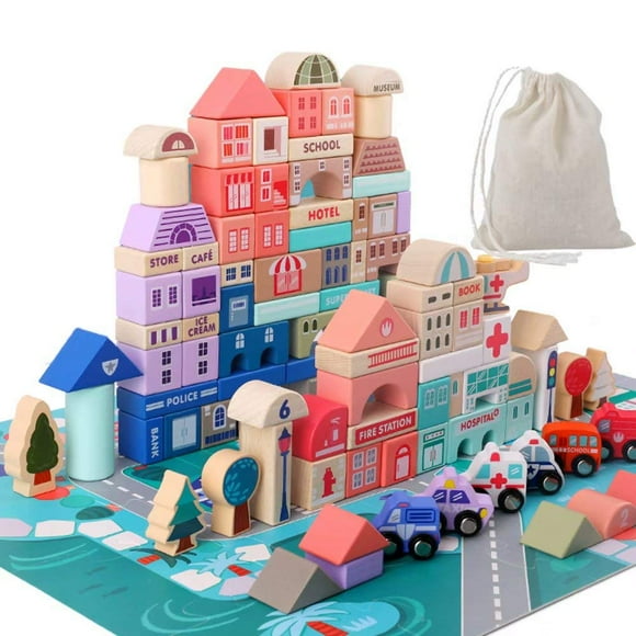 Ensemble de Blocs de Construction en Bois, Empileur de Construction de Ville Jouets Éducatifs Préscolaires, Jouets pour Tout-Petits de 3+ Ans Cadeaux Garçon et Fille