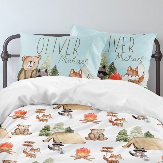 Juego de cama infantil personalizado Woodland Camper (edredón o funda nórdica)