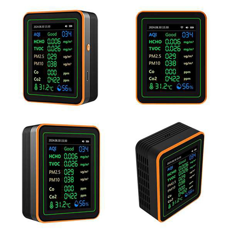 Air Quality Detector 12 in 1 Air Quality Tester Temperature Humidity Meter CO/CO2/HCHO/TVOC//PM2.5/PM10 Black
