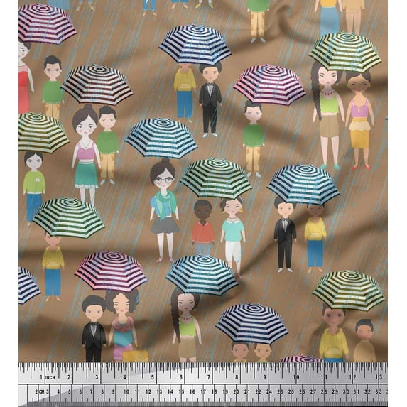 Soimoi Brown Cotton Voile Fabric Monsoon Theme Human Figure Print Fabric by the Yard 56 Inch Wide