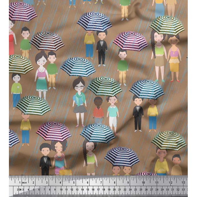 Soimoi Brown Poly Georgette Fabric Monsoon Theme Human Figure Fabric Prints By Yard 42 Inch Wide