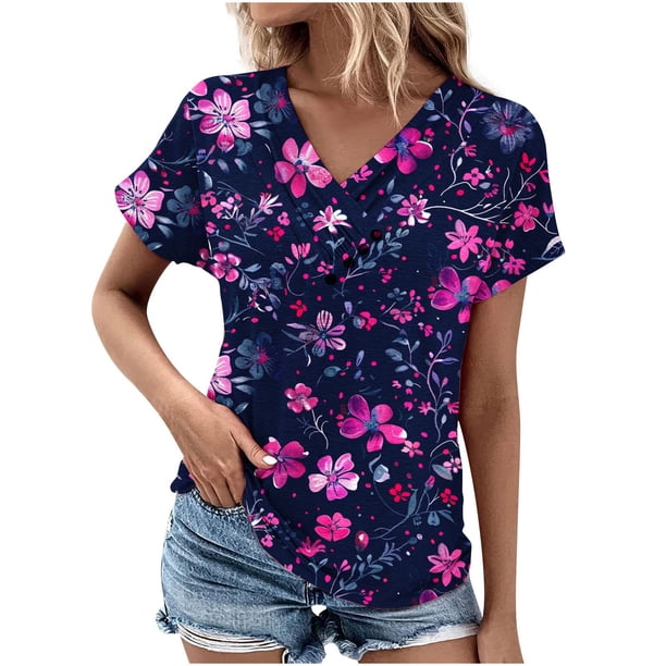 Top de Verano de las Mujeres Árbol Impresión V-Cuello Casual Manga Corta, Tops Cortos para las Mujeres