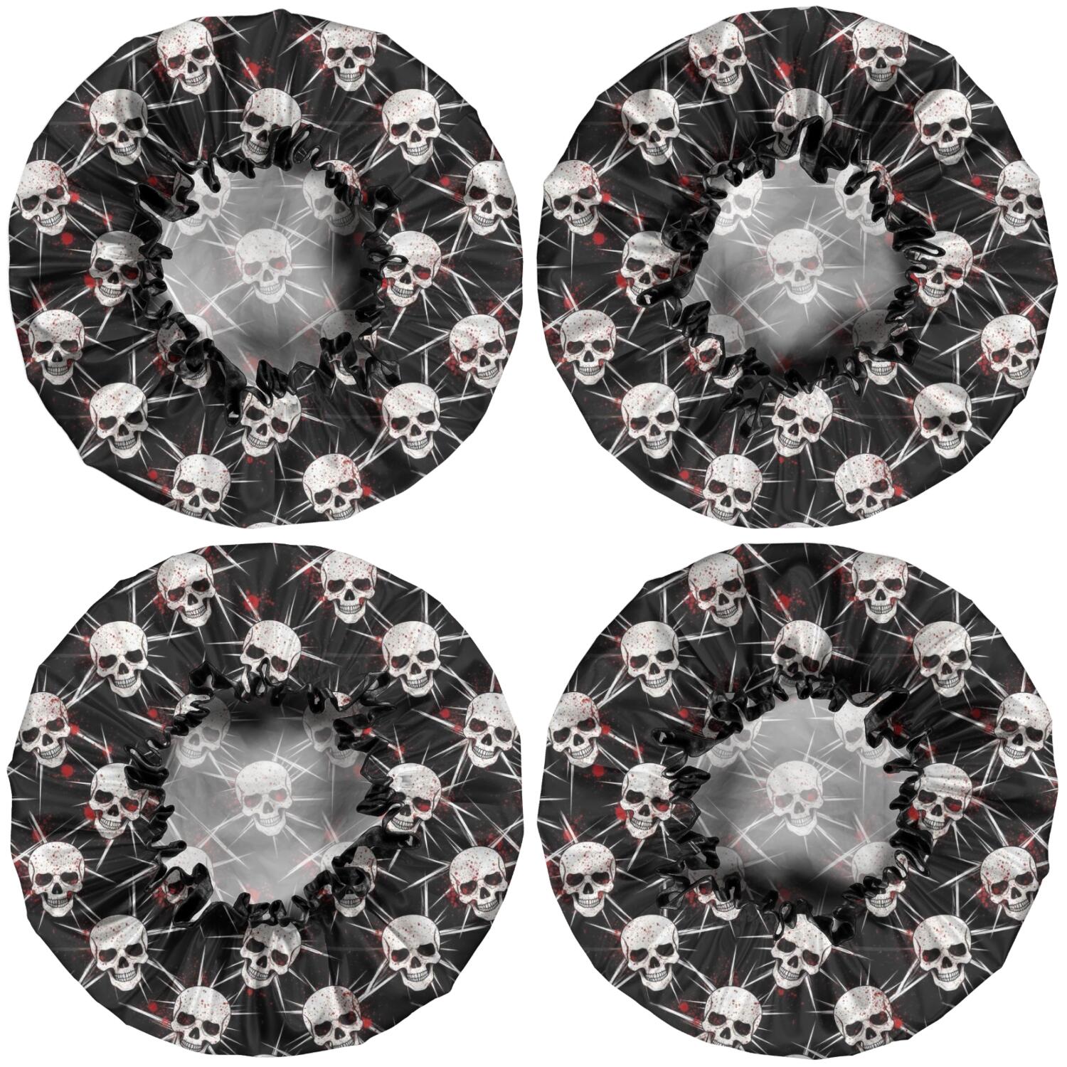 Shower Caps,Black Red Skull Burst Pattern Waterproof Shower Cap for Women 4 Pieces,Double Reusable Hair Cover for Shower PEVA Elastic Stretch Hem