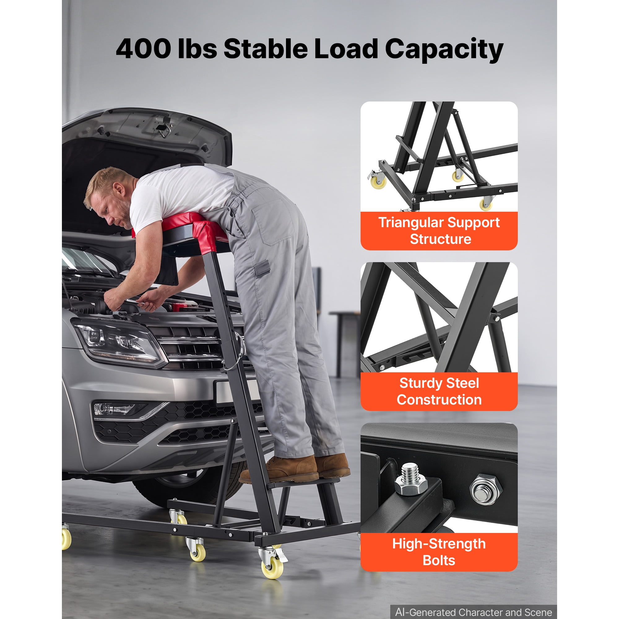 KFFKFF Adjustable Automotive Creeper, 48"-64" High Top Design, Foldable with 400 lbs Steel Support, Stable H-Frame Base, 6 Smooth Wheels for Vehicle Repair and Maintenance