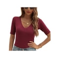 thumbnail image 3 of VISgogo Ladies Temperament Slim Knitwear, Primavera Verano Mujer Estilo de ocio Color sólido Cuello en V Manga corta Tops Camisa base VISgogo moda, 3 of 9
