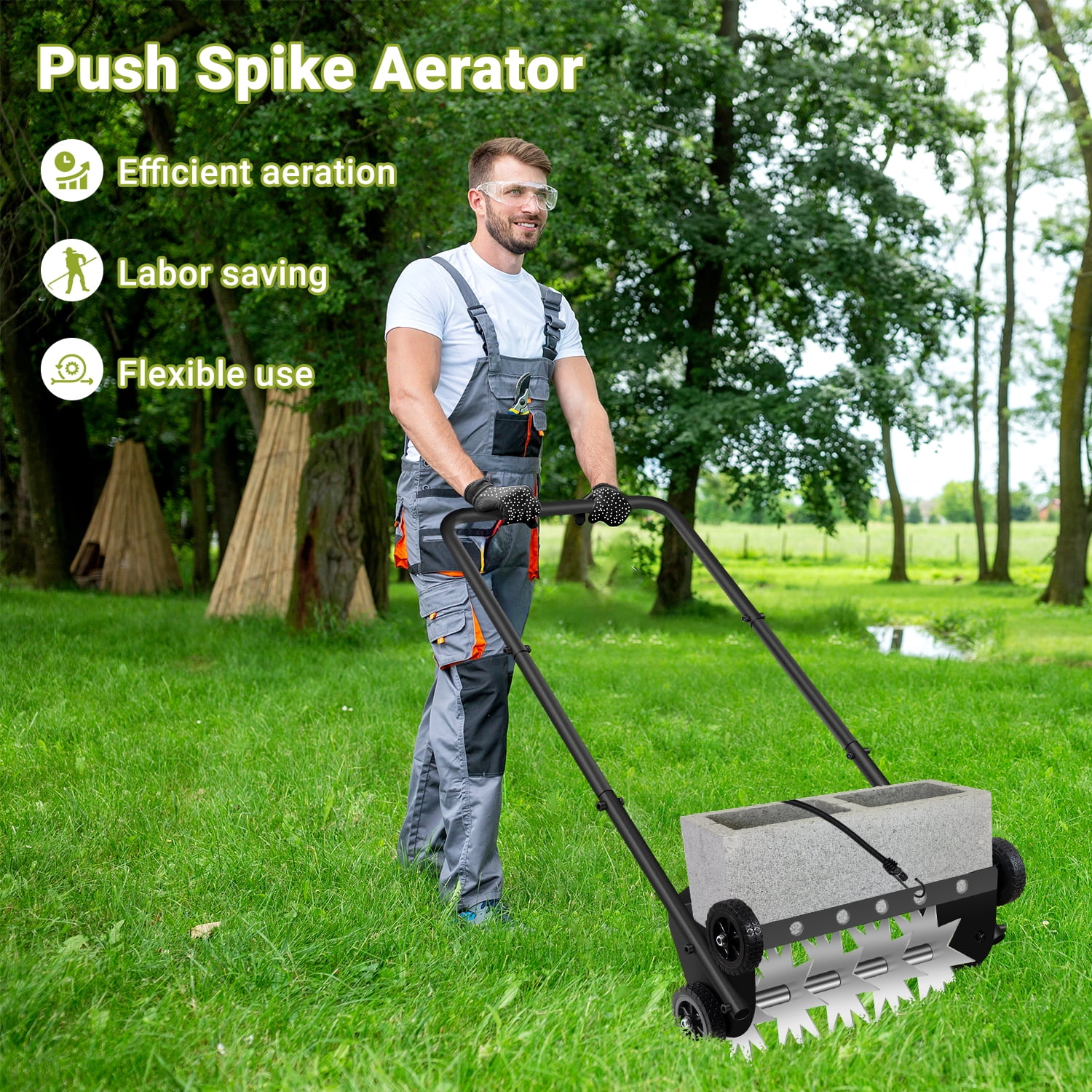 Push Spike Aerator,18Inch Push Lawn Aerator with 4 Wheels,Heavy Duty Rolling Manual Yard Aerator Lawn Tool with 45inch Handle,Suitable for Lawn Garden Yard Grass Maintenance