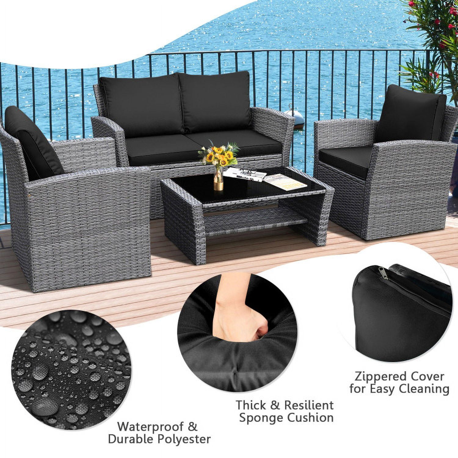 Aimee Lii 4 Pieces Wicker Patio Furniture Set Sofa Table with Storage Shelf Cushion, Modern Patio Furniture, Black Aimee Lii 4 Pieces Wicker Patio Furniture Set Sofa Table with Storage Shelf Cushion, Modern Patio Furniture, Black