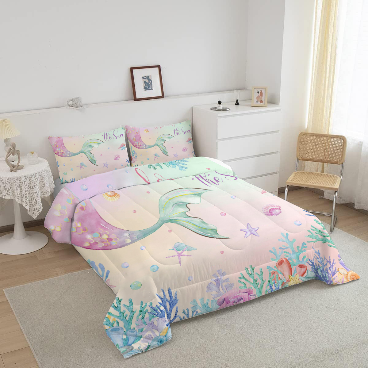 JJCOITR Cartoon Mermaid Tail Comforter Set Rainbow Twin Size Bedding Set for Kids Girls Bedroom All Season 3 Pieces