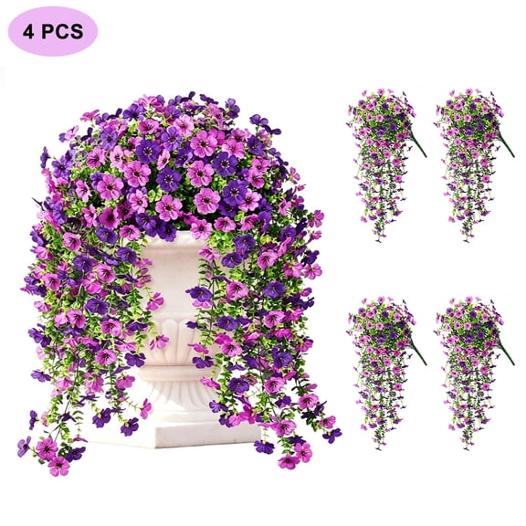 4 PCS Outdoor Artificial Hanging Flowers, UV & Fade Resistant, for Spring and Summer Porch Balcony Patio Garden Home Decor, Purple