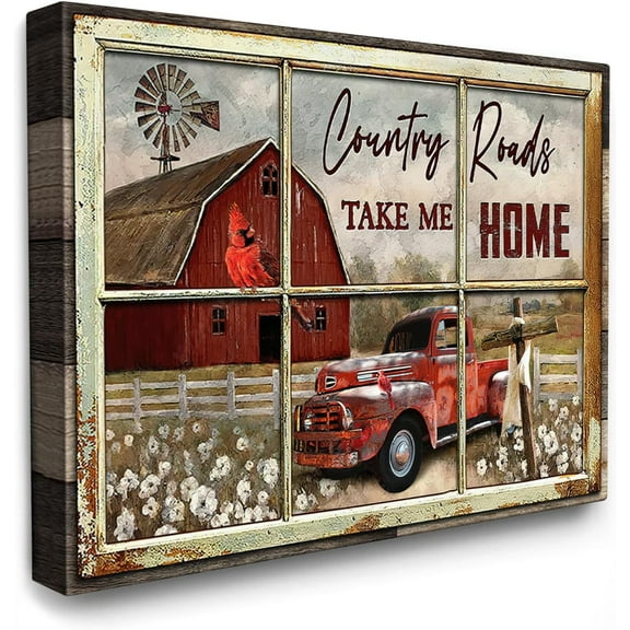 Red Truck and Red Barn Canvas Wall Art Christian Truck Farmhouse Painting Country Wall Decor Framed Posters Home for Living Room Bedroom Bathroom Decoration 12x16 inch