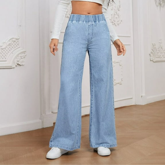 QUNYINEY Wide Leg Womens Jeans Solid High Waist Casual Stretch Denim Pants Light Wash Relaxed Fit Pants