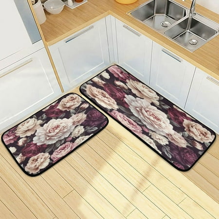 

Wobogo Milk White Peony Kitchen Carpet Set of 2 Absorbent and Stain Resistant Non-slip Star Rubber Backing