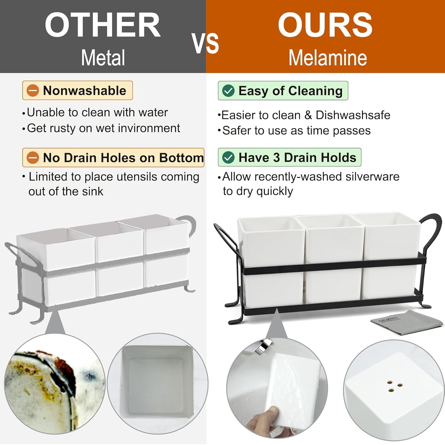 CozyNestFinds Cutlery Holder with Drain Holes, Silverware Caddy for Party Countertop, 3pcs Bins Set Utensil Holders for Spoon and Fork, White