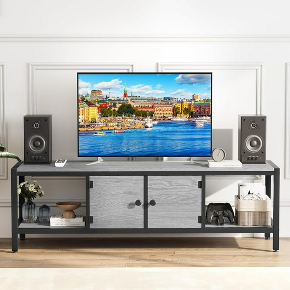 58" TV Stand for TV up to 65 Inches, Large TV Console Table with 2 Closed Storage Spaces and Open Compartments, Wooden Entertainment Center with Adjustable Feet for Living Room, Bedroom, Grey