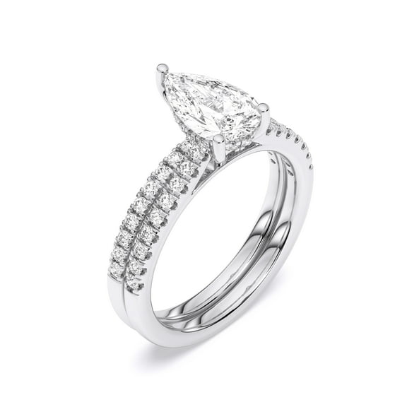 1.55Ct Pear and Round Moissanite Engagement Ring With Matching Band Wedding Ring Set, White Gold Plated Silver Size 5