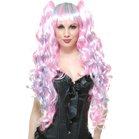 Womens Deluxe Neon Blue Pink Cotton Candy Anime Princess Removable Ponytail Wig