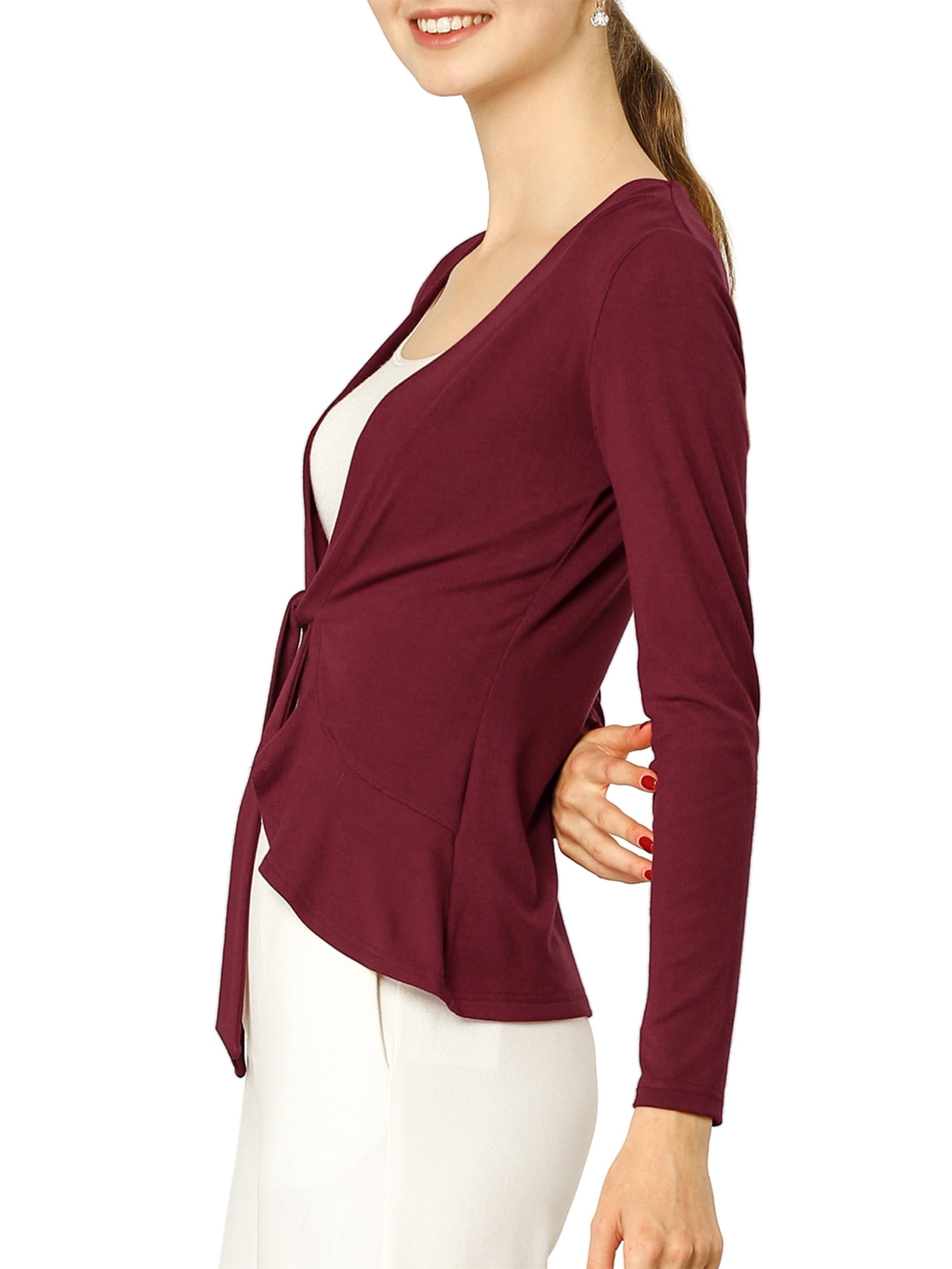 DARING DIVA Women's Tie Front Ruffled Hem Crop Knit Cardigan M Burgundy